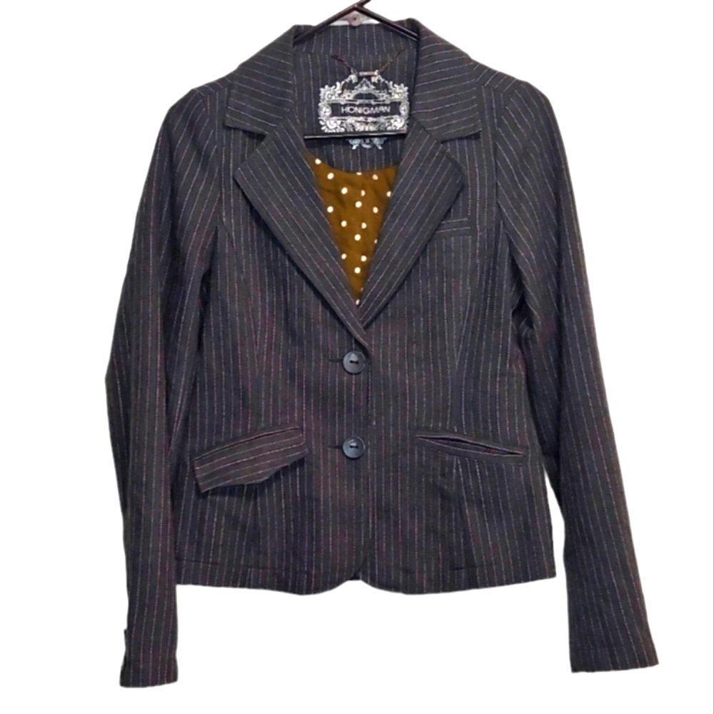 Honigman Women's Gray Business Formal Striped Wool Cotton Blend Blazer Size 2